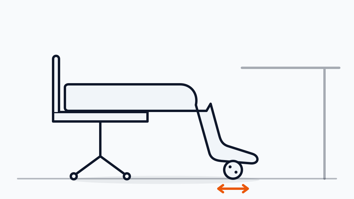 Illustration of someone seated at a desk chair, seen from the hips down, with one bare foot resting on a small ball on the floor under the desk.