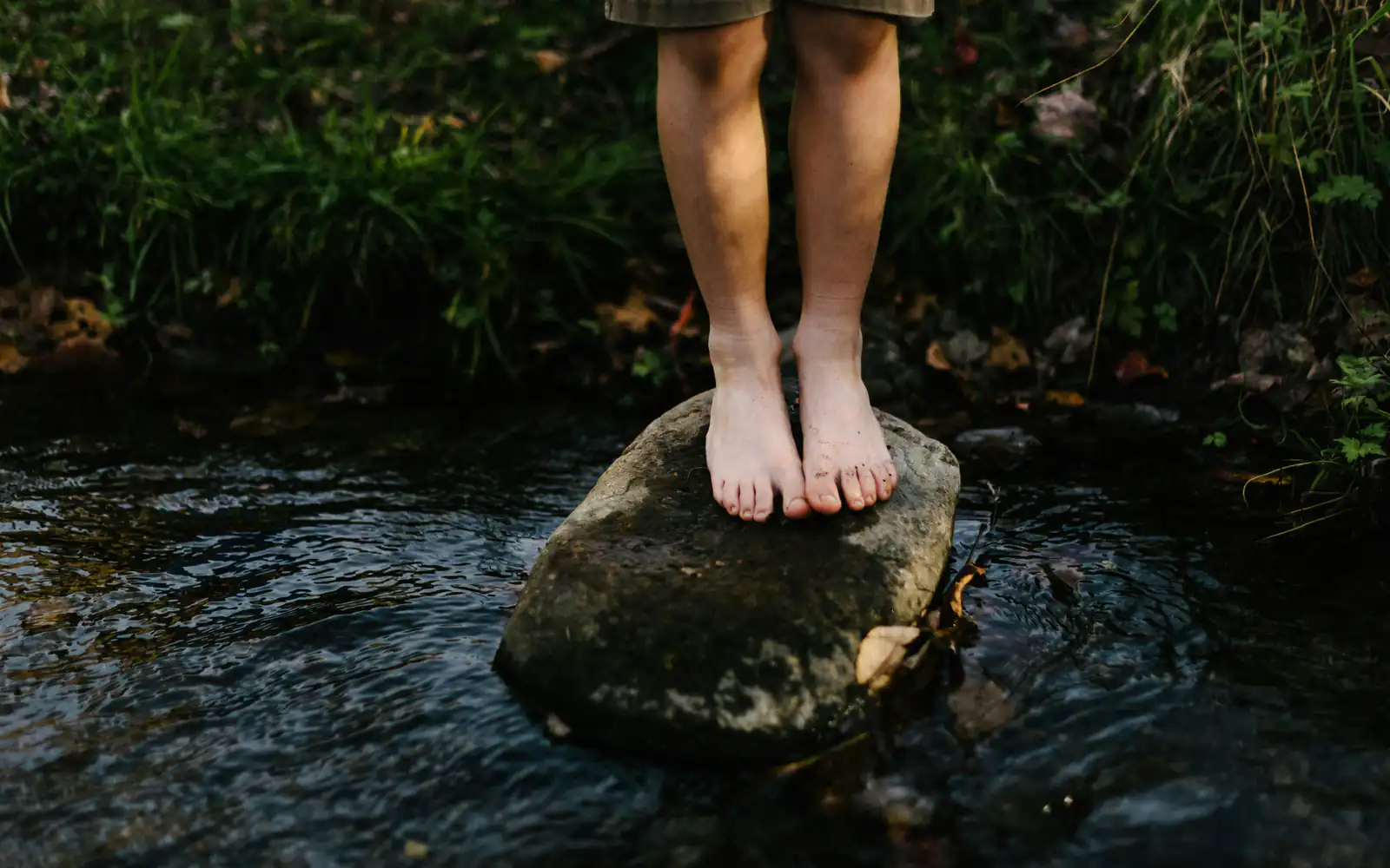 Bare feet balanced on a rounded stone in a shallow forest stream