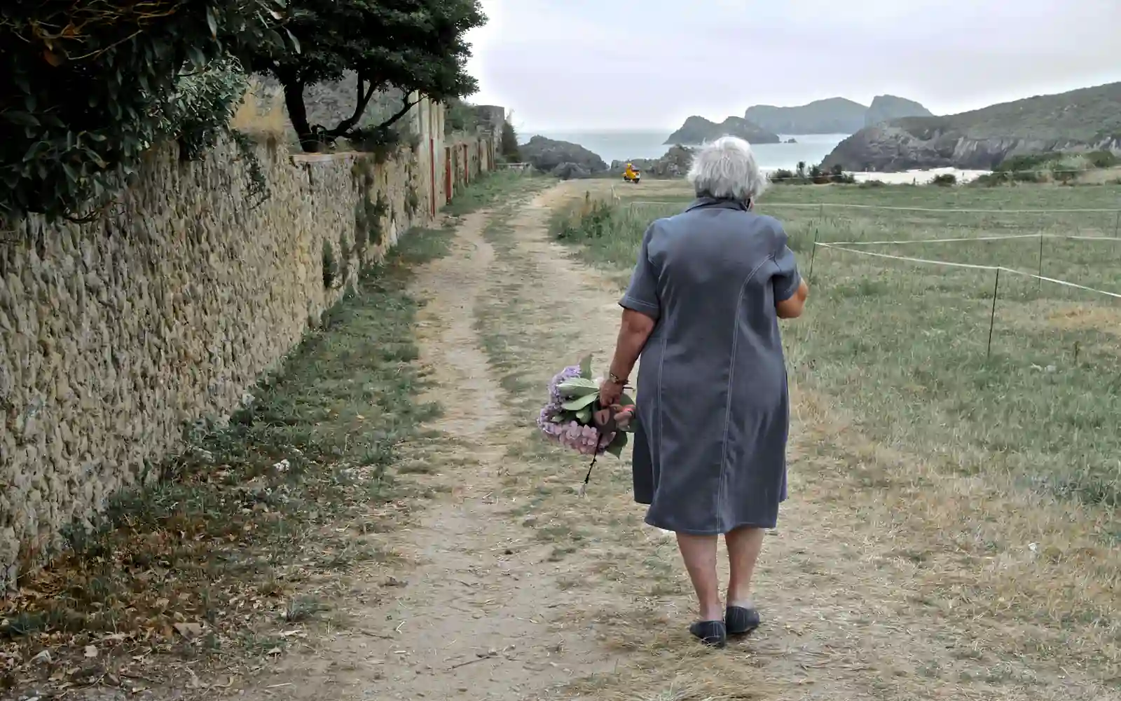 An older woman seen from behind walking a dirt country path beside a stone wall toward the sea, holding a small bunch of flowers